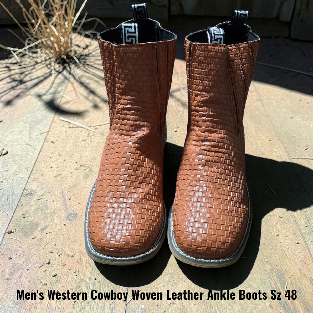 Men Western Cowboy Wooven Leather Ankle Boots Sz 48